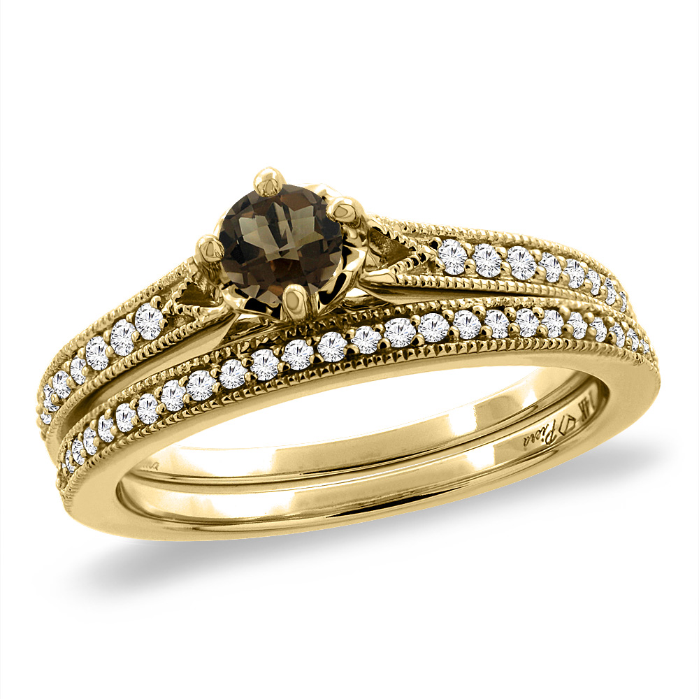 14K Yellow Gold Diamond Natural Smoky Topaz 2pc Engagement Ring Set Round 4 mm, sizes 5 - 10