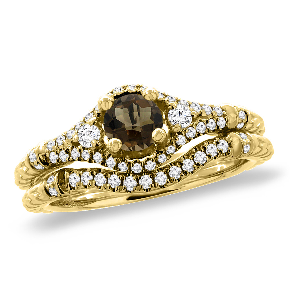 14K Yellow Gold Diamond Natural Smoky Topaz 2pc Engagement Ring Set Round 4 mm, sizes 5 - 10