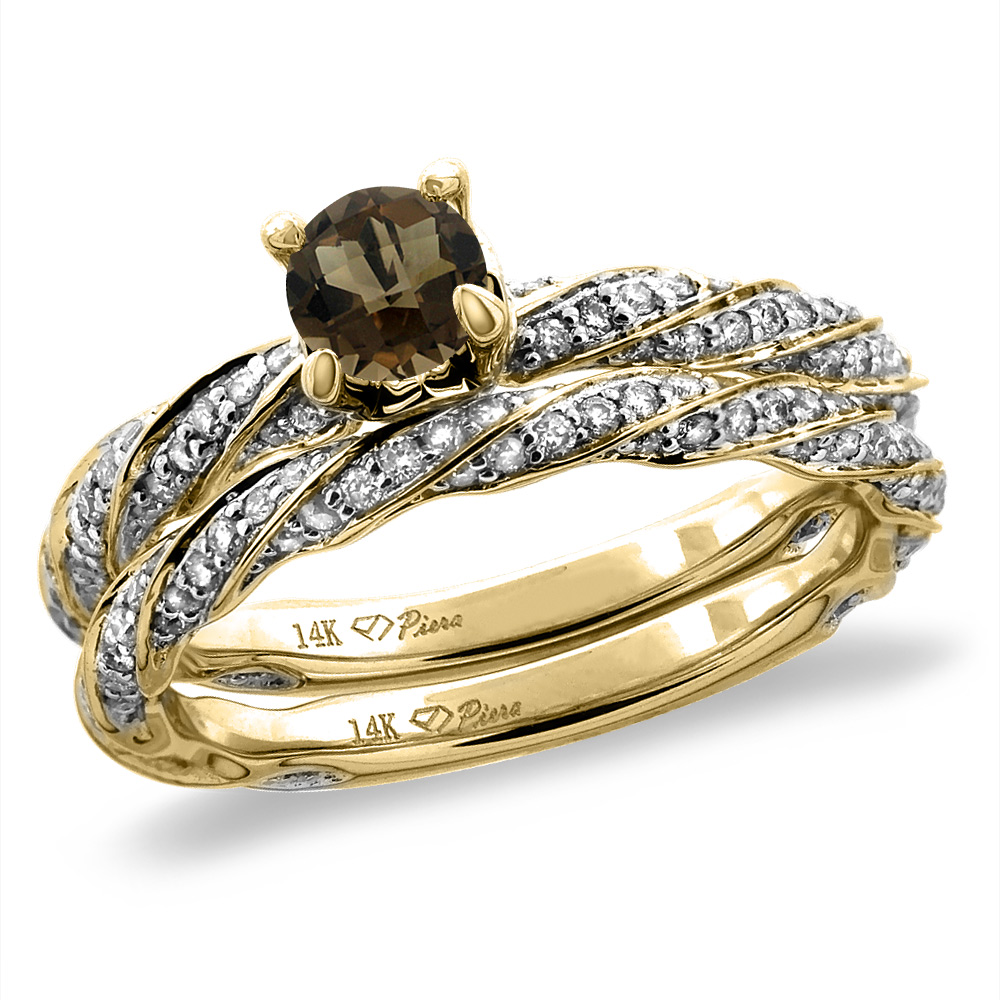 14K Yellow Gold Diamond Natural Smoky Topaz 2pc Twisted Engagement Ring Set Round 4 mm, size5-10