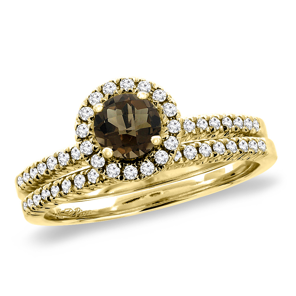 14K Yellow Gold Diamond Natural Smoky Topaz 2pc Halo Engagement Ring Set Round 4 mm, size5-10