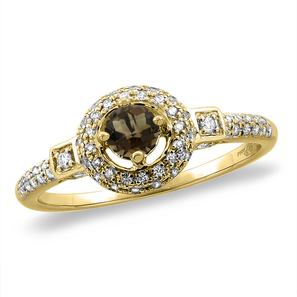 14K White/Yellow Gold Diamond Natural Smoky Topaz Halo Engagement Ring Round 4 mm, sizes 5 -10