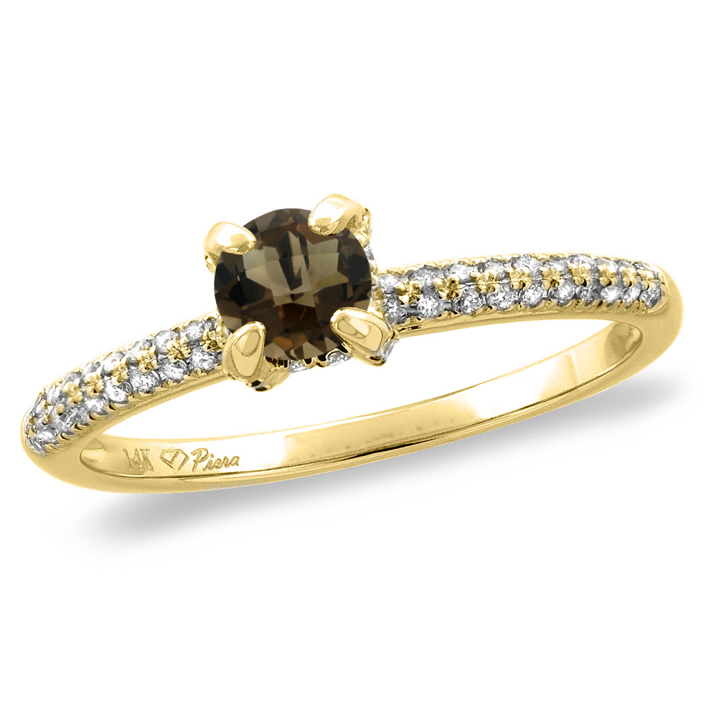 14K White/Yellow Gold Diamond Natural Smoky Topaz Solitaire Engagement Ring Round 4 mm, sizes 5 -10