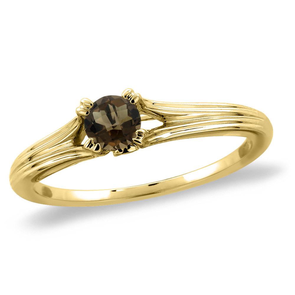 14K Yellow Gold Diamond Natural Smoky Topaz Solitaire Engagement Ring Round 4 mm, sizes 5 -10