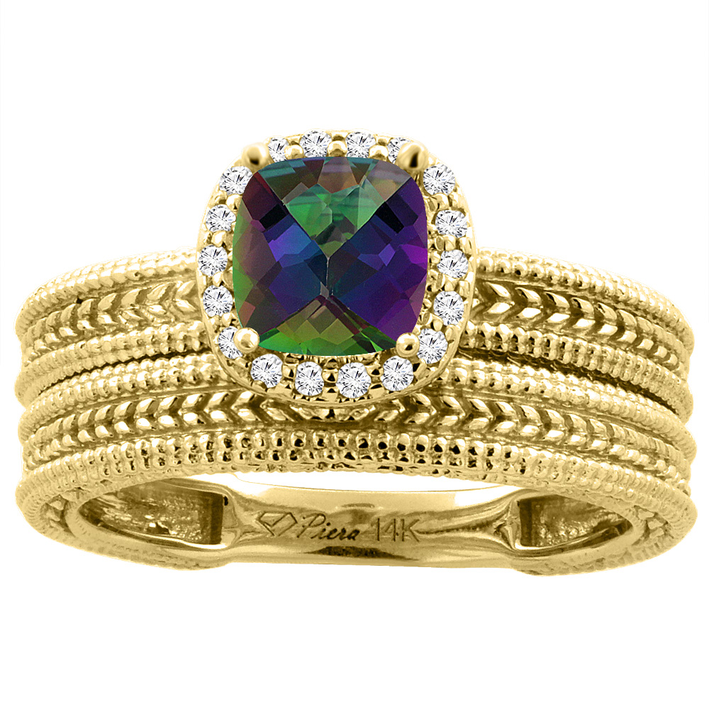14K Yellow Gold Diamond Natural Mystic Topaz 2-pc Engagement Ring Set Cushion 7x7 mm, sizes 5-10