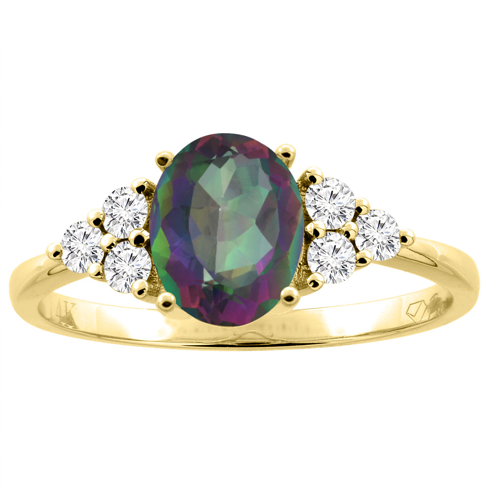 14K Gold Natural Mystic Topaz Ring Oval 8x6 mm Diamond Accents, sizes 5 - 10