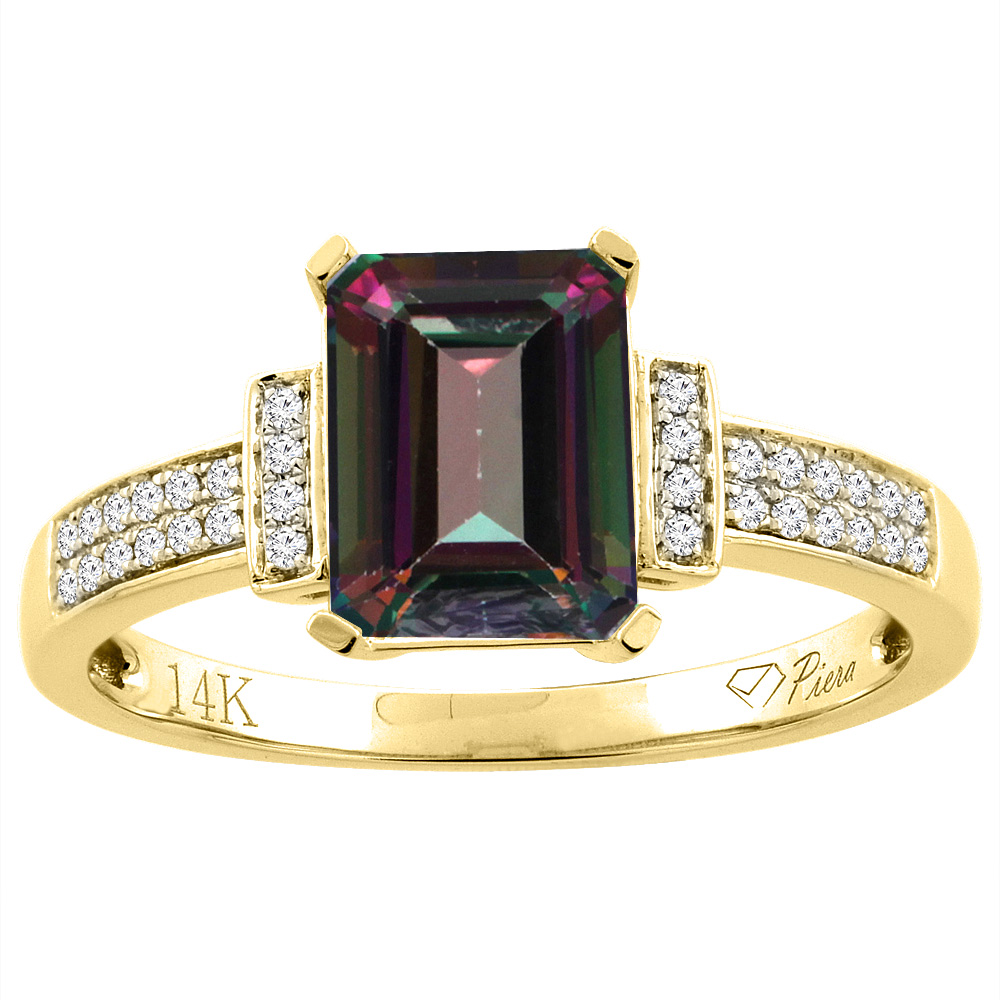14K Gold Natural Mystic Topaz Ring Octagon 8x6 mm Diamond Accents, sizes 5 - 10