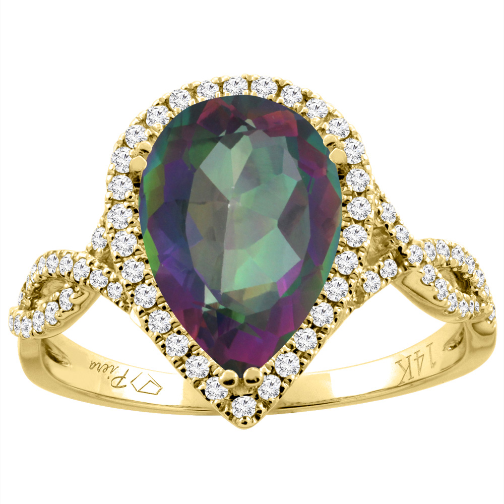 14K Gold Natural Mystic Topaz Ring Pear Shape 12x8 mm Diamond Accents, sizes 5 - 10