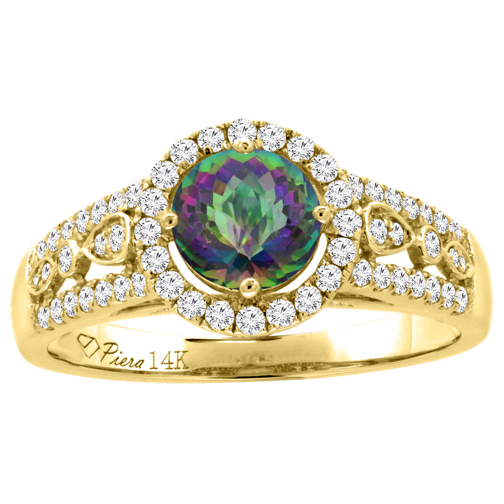 14K Yellow Gold Diamond Natural Mystic Topaz Engagement Halo Ring Round 7 mm, sizes 5-10