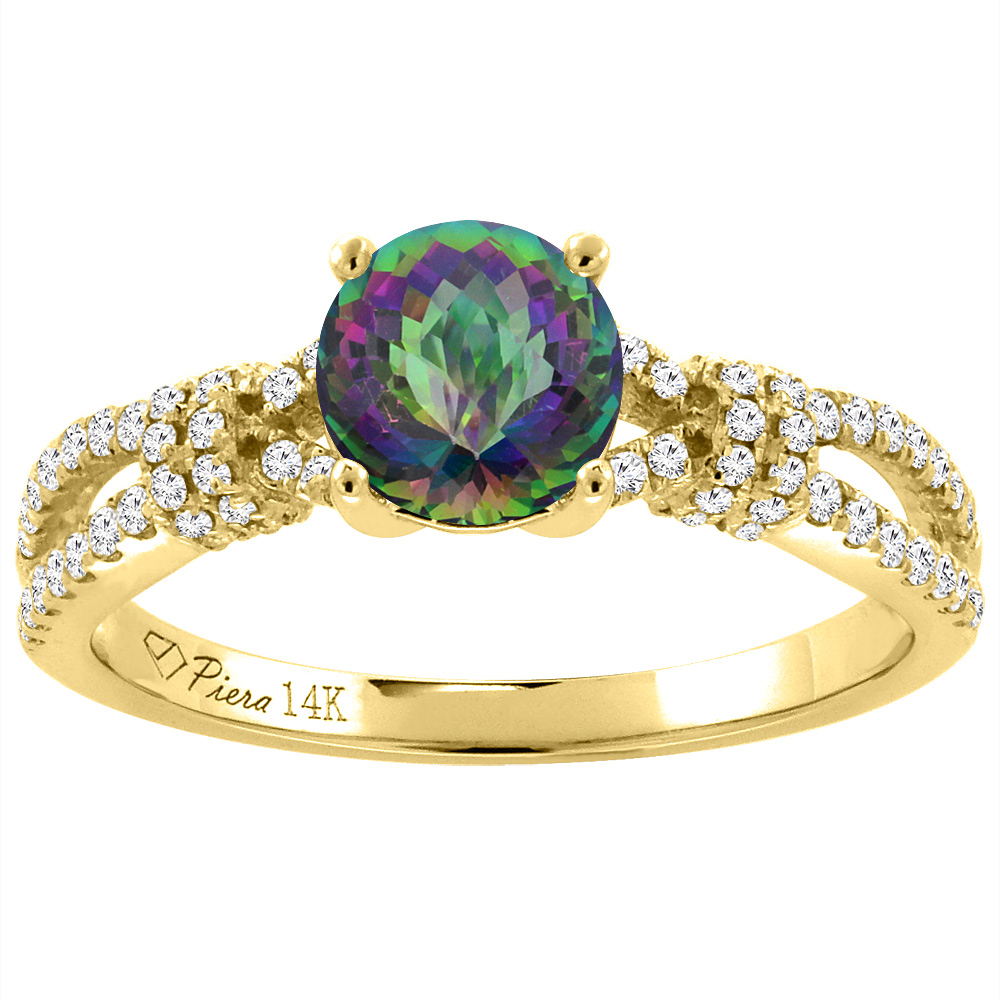 14K Yellow Gold Diamond Natural Mystic Topaz Engagement Ring Round 7 mm, sizes 5-10