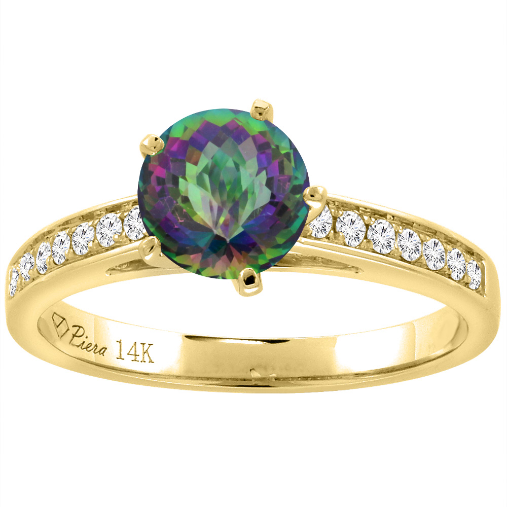 14K Yellow Gold Diamond Natural Mystic Topaz Engagement Ring Round 7 mm, sizes 5-10