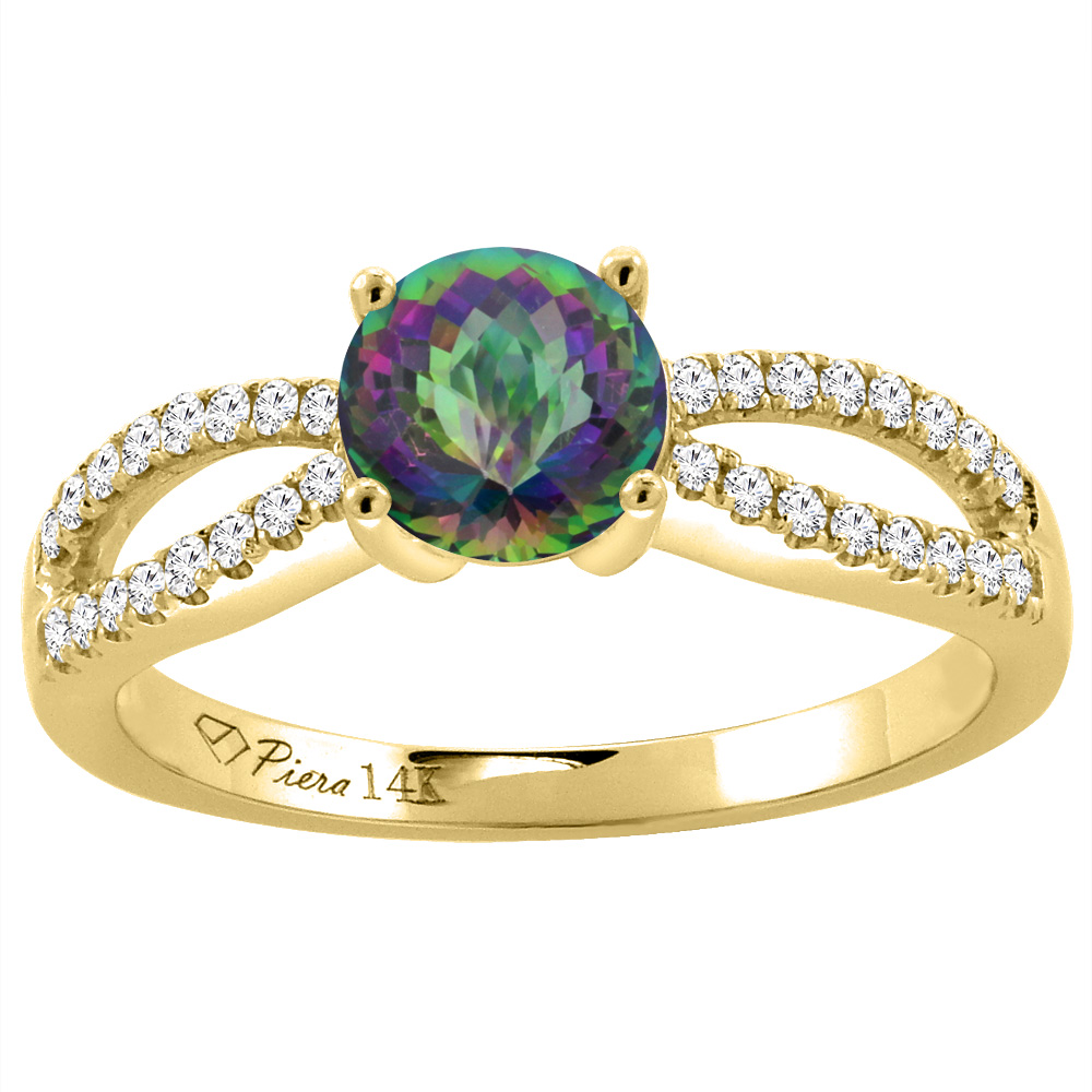 14K Yellow Gold Diamond Natural Mystic Topaz Engagement Ring Round 7 mm, sizes 5-10