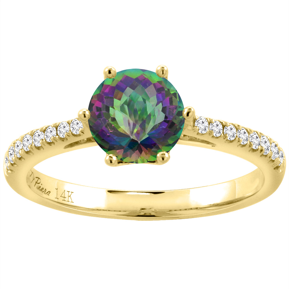 14K Yellow Gold Diamond Natural Mystic Topaz Engagement Ring Round 7 mm, sizes 5-10