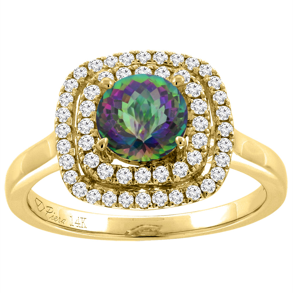 14K Yellow Gold Natural Mystic Topaz Double Halo Diamond Engagement Ring Round 7 mm, sizes 5-10