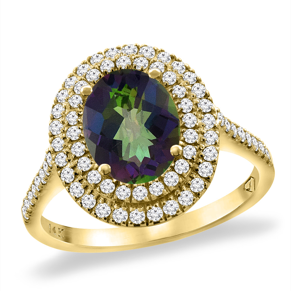 14K Yellow Gold Natural Mystic Topaz Two Halo Diamond Engagement Ring 9x7 mm Oval, sizes 5 -10