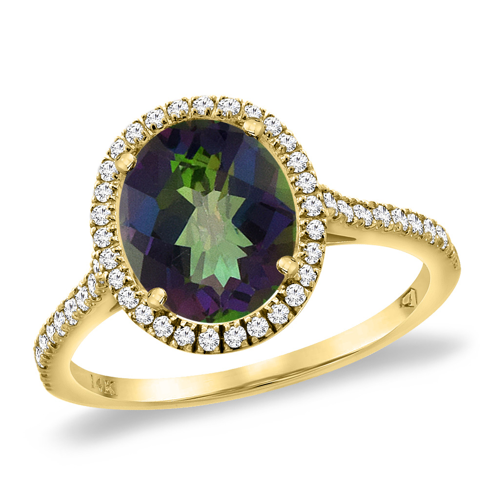 14K Yellow Gold Natural Mystic Topaz Diamond Halo Engagement Ring 10x8 mm Oval, sizes 5 -10
