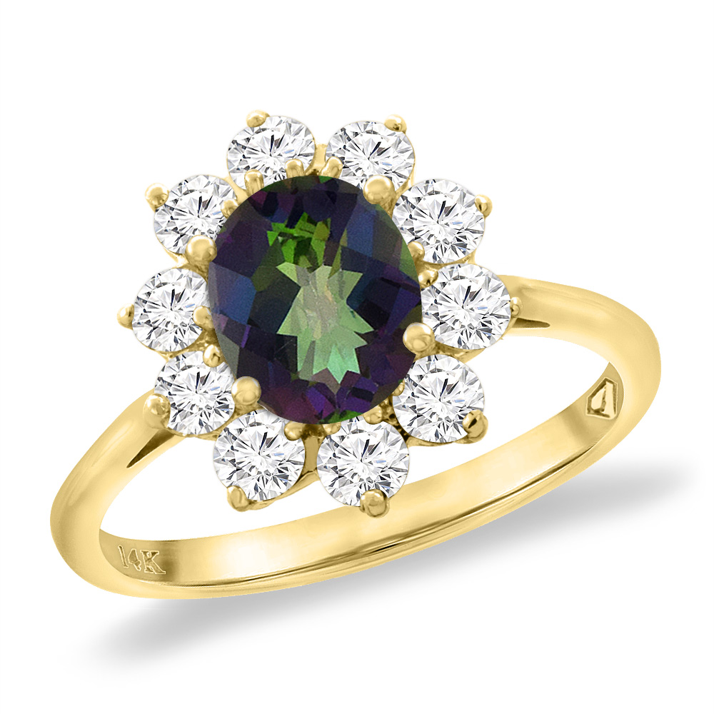 14K Yellow Gold Diamond Natural Mystic Topaz Engagement Ring Oval 8x6 mm, sizes 5 -10