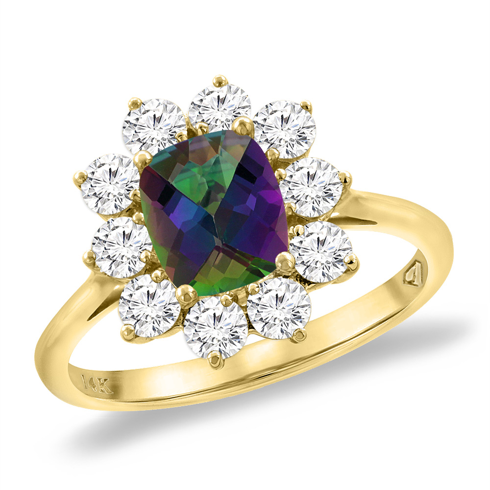 14K Yellow Gold Diamond Natural Mystic Topaz Engagement Ring 8x6 mm Cushion, sizes 5 -10