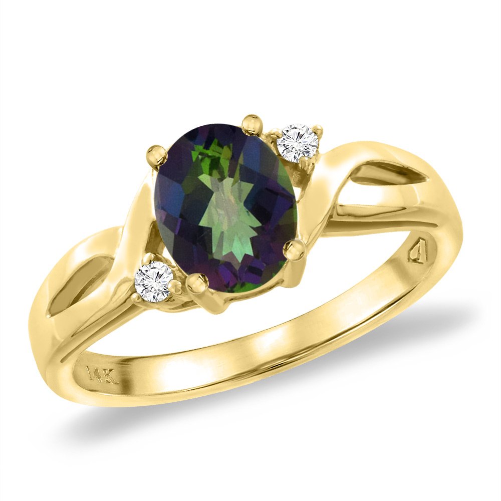 14K Yellow Gold Diamond Natural Mystic Topaz Engagement Ring Oval 8x6 mm, sizes 5 -10