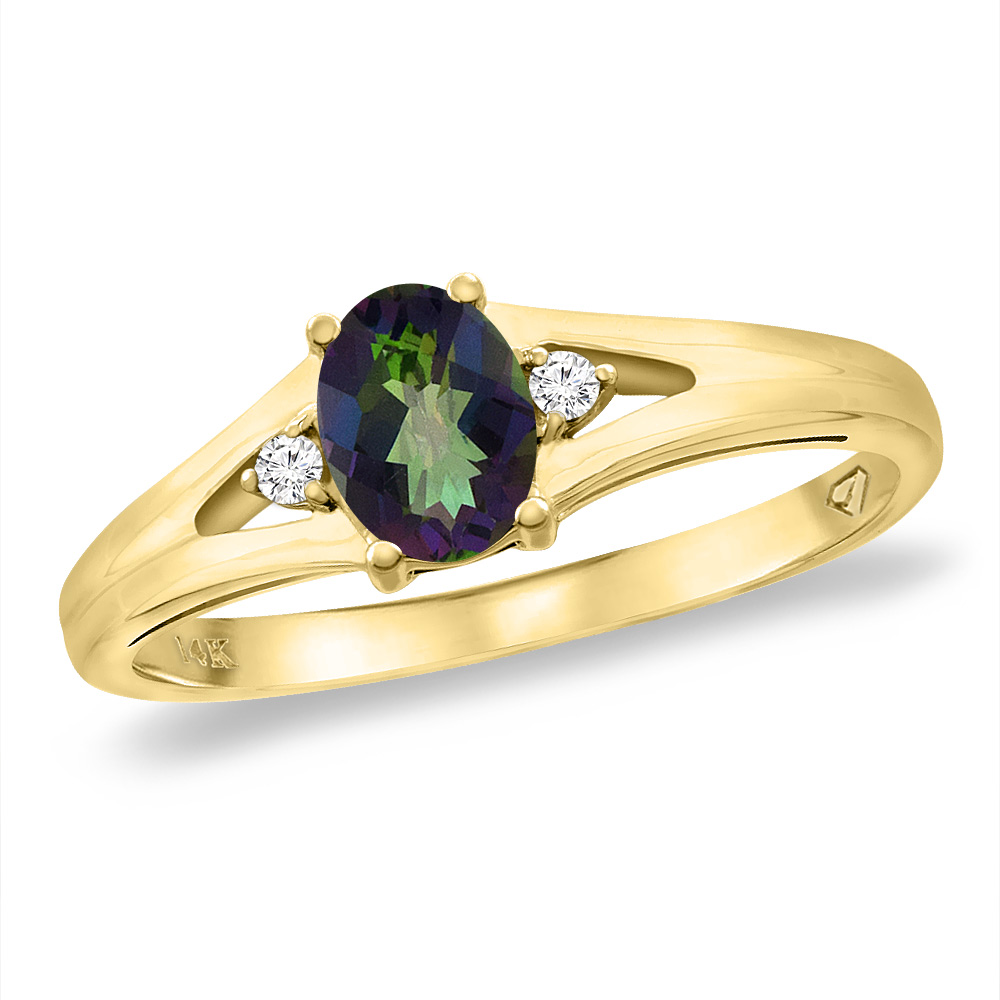 14K Yellow Gold Diamond Natural Mystic Topaz Engagement Ring Oval 6x4 mm, sizes 5 -10