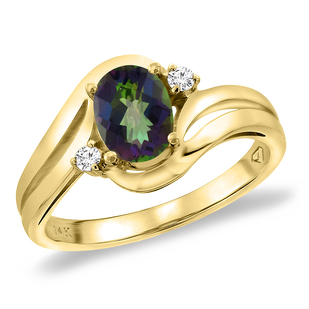14K Yellow Gold Diamond Natural Mystic Topaz Bypass Engagement Ring Oval 8x6 mm, sizes 5 -10