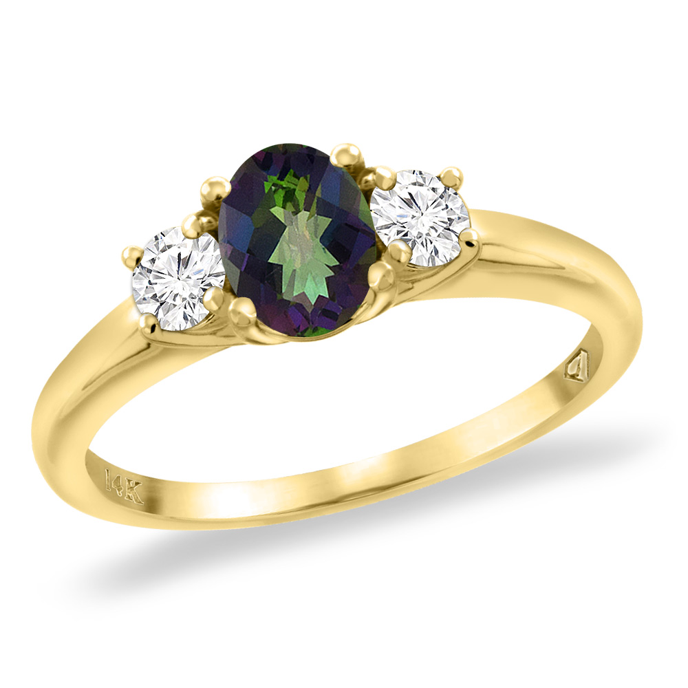 14K Yellow Gold Natural Mystic Topaz Engagement Ring Diamond Accents Oval 7x5 mm, sizes 5 -10