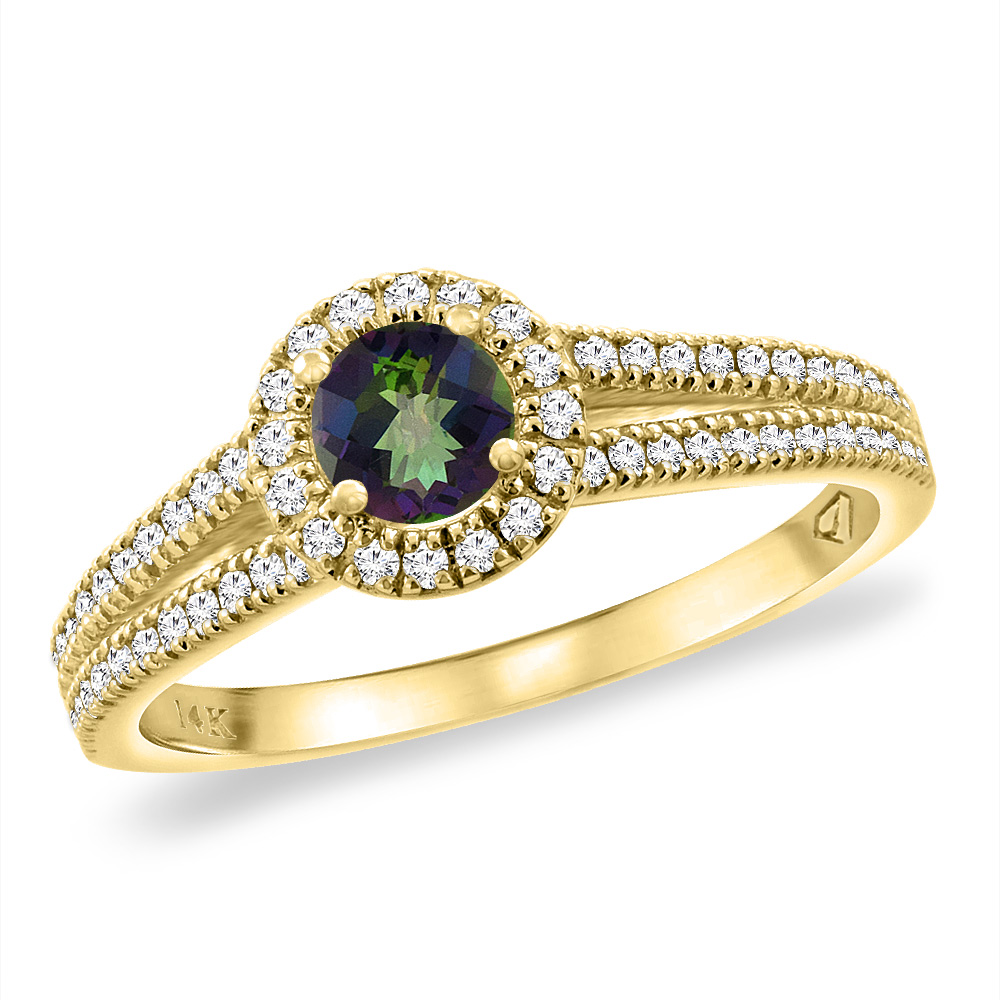 14K Yellow Gold Natural Mystic Topaz Split Shank Diamond Halo Engagement Ring 4mm Round, sizes 5 -10