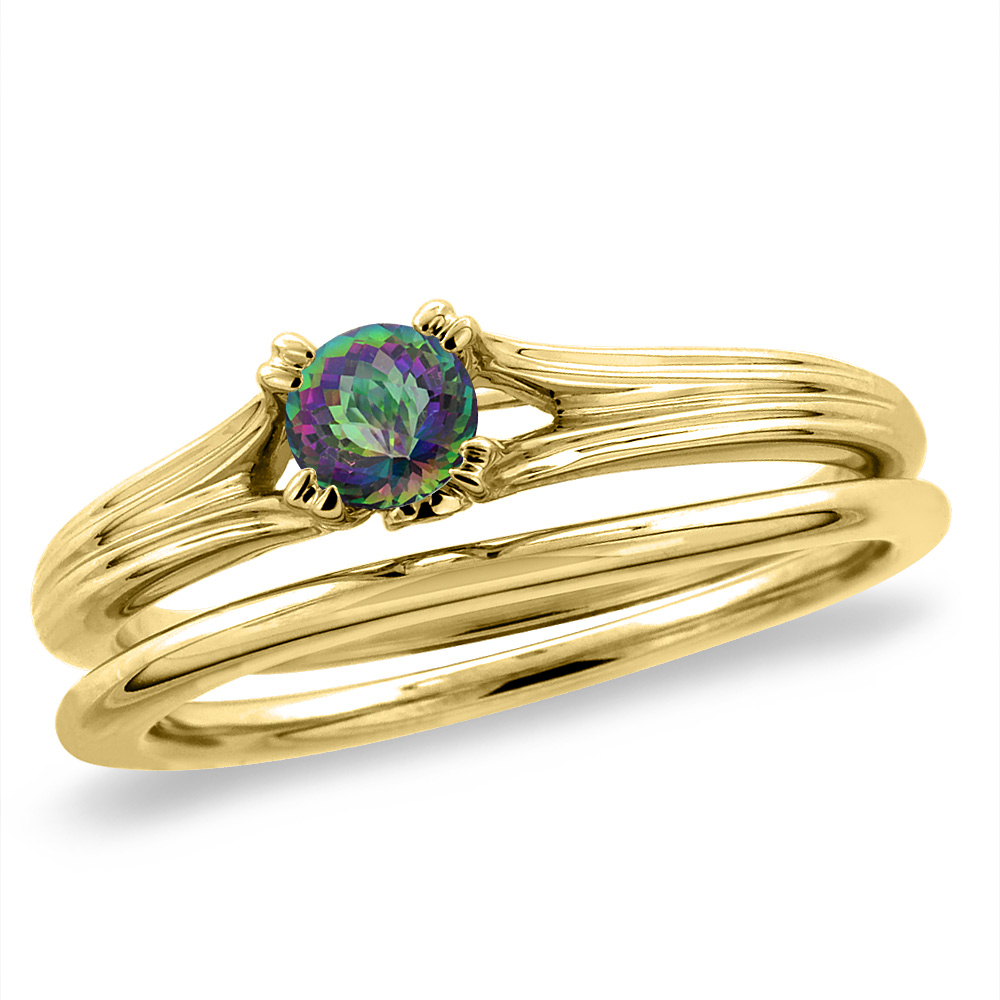 14K Yellow Gold Diamond Natural Mystic Topaz 2pc Solitaire Engagement Ring Set Round 6 mm, sz 5-10