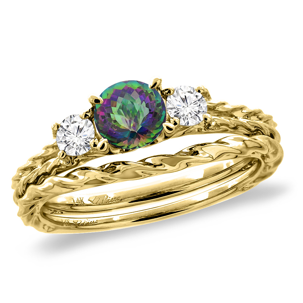 14K Yellow Gold Diamond Natural Mystic Topaz 2pc Engagement Ring Set Round 6mm Twisted, sizes 5-10