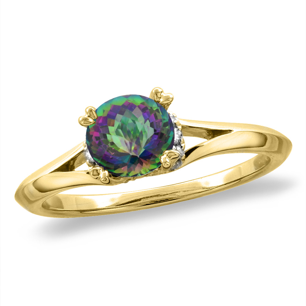 14K White/Yellow Gold Diamond Natural Mystic Topaz Solitaire Engagement Ring Round 6 mm, sz 5-10