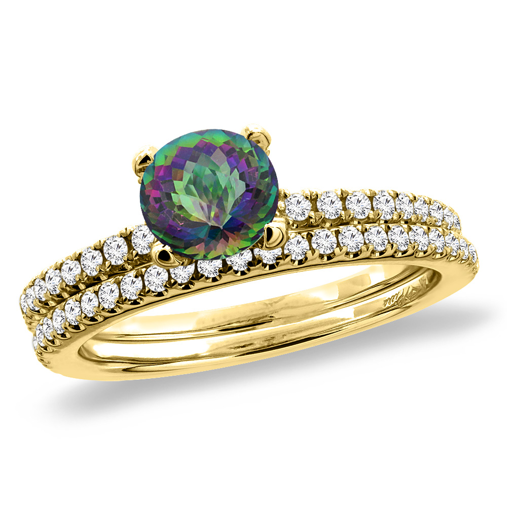 14K Yellow Gold Diamond Natural Mystic Topaz 2pc Engagement Ring Set Round 5 mm, sizes 5-10