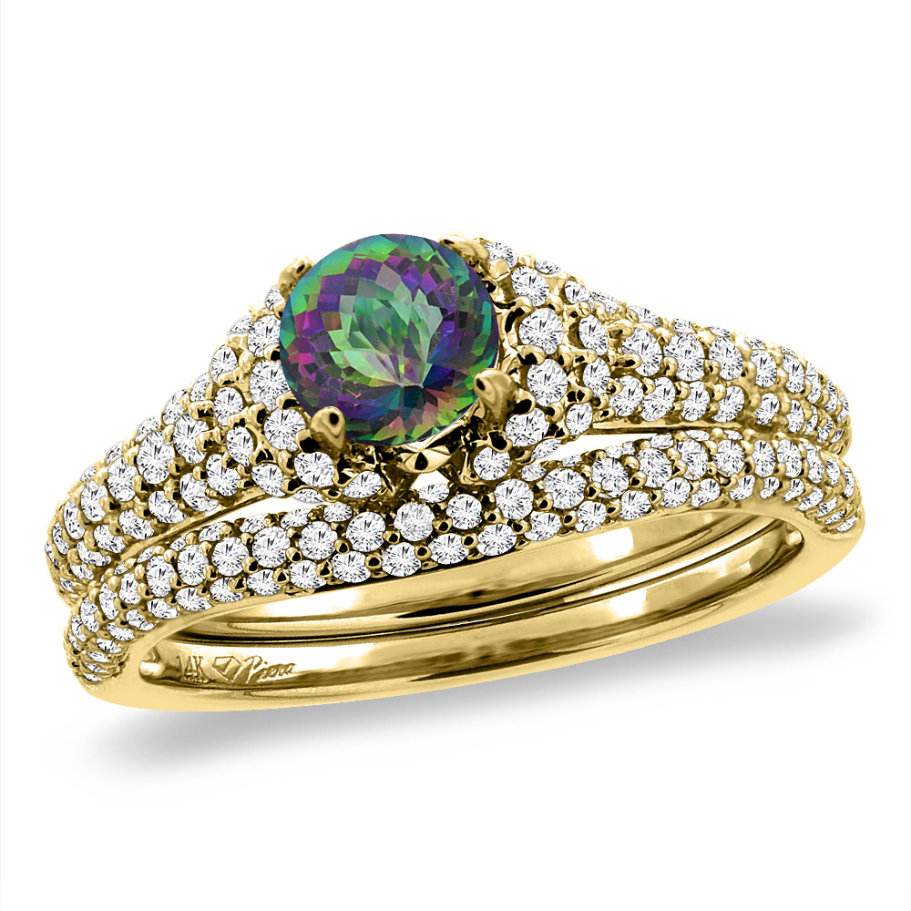 14K Yellow Gold Diamond Natural Mystic Topaz 2pc Engagement Ring Set Round 5 mm, sizes 5-10