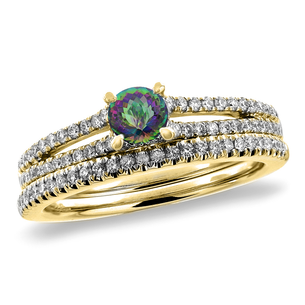 14K Yellow Gold Diamond Natural Mystic Topaz 2pc Engagement Ring Set Round 5 mm, sizes 5-10