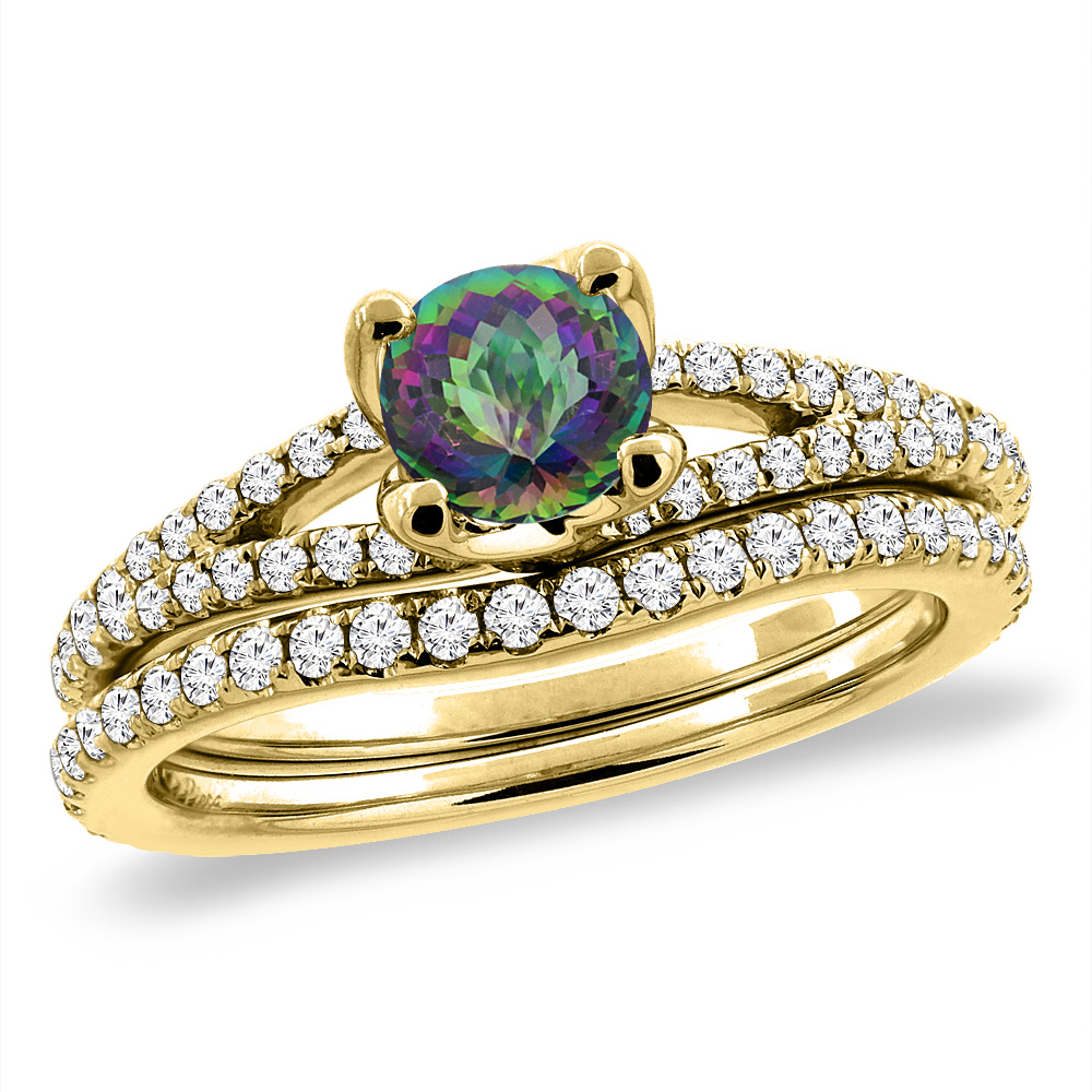 14K Yellow Gold Diamond Natural Mystic Topaz 2pc Engagement Ring Set Round 5 mm, sizes 5-10