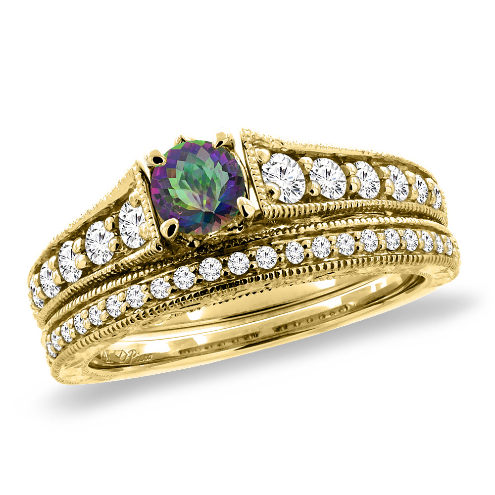 14K Yellow Gold Diamond Natural Mystic Topaz 2pc Engagement Ring Set Round 5 mm, sizes 5-10