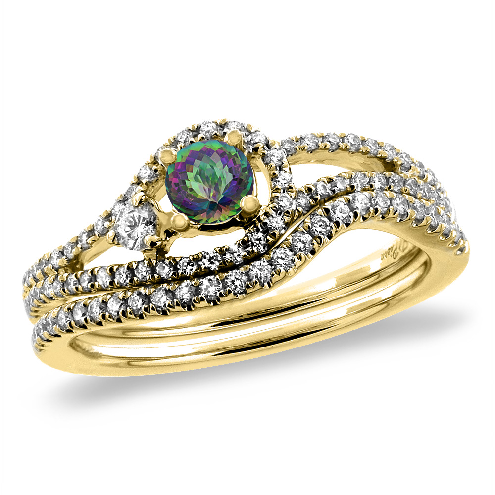 14K Yellow Gold Diamond Natural Mystic Topaz 2pc Engagement Ring Set Round 5 mm, sizes 5-10