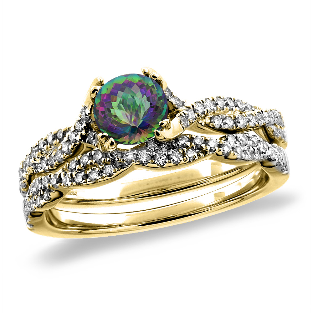 14K White/Yellow Gold Diamond Natural Mystic Topaz 2pc Infinity Engagement Ring Set Round 5 mm, sz 5-10
