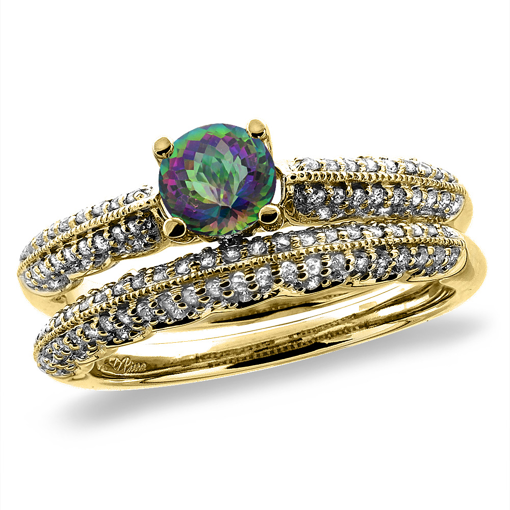 14K Yellow Gold Diamond Natural Mystic Topaz 2pc Engagement Ring Set Round 5 mm, sizes 5-10