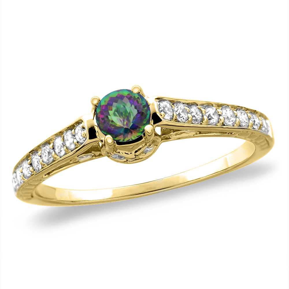 14K White/Yellow Gold Diamond Natural Mystic Topaz Engagement Ring Round 5 mm, sizes 5-10