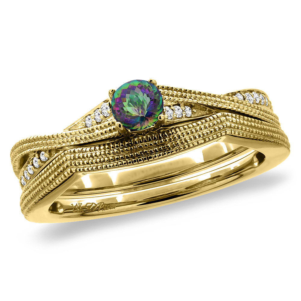 14K Yellow Gold Diamond Natural Mystic Topaz 2pc Engagement Ring Set Round 4 mm, sizes 5 - 10