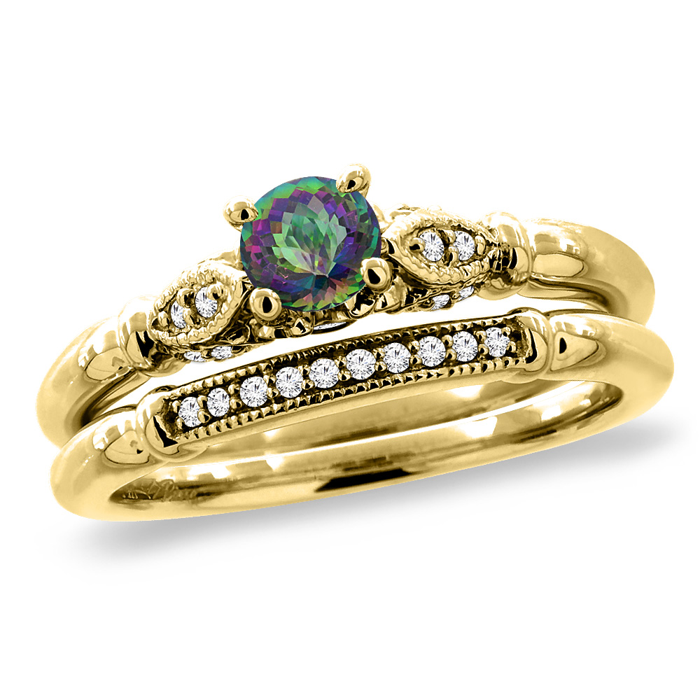 14K Yellow Gold Diamond Natural Mystic Topaz 2pc Engagement Ring Set Round 4 mm, sizes 5 - 10