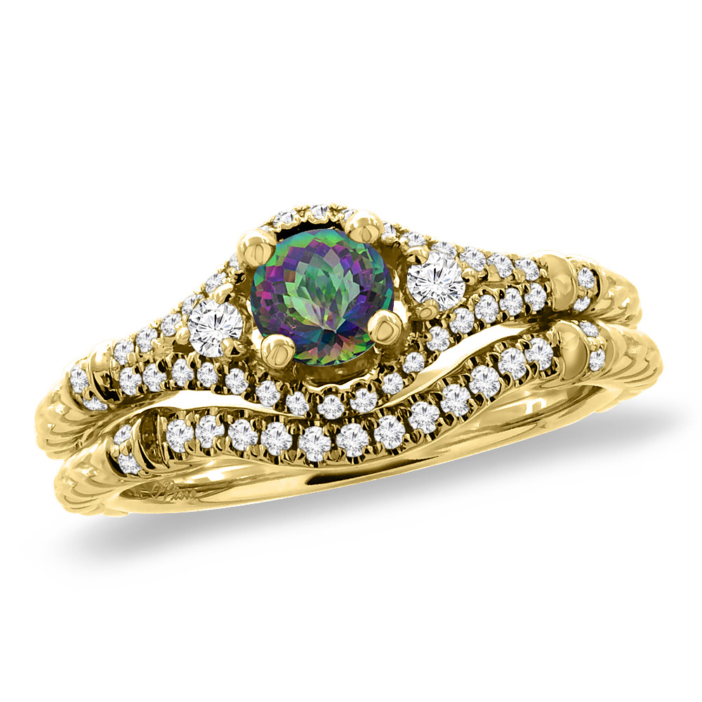 14K Yellow Gold Diamond Natural Mystic Topaz 2pc Engagement Ring Set Round 4 mm, sizes 5 - 10