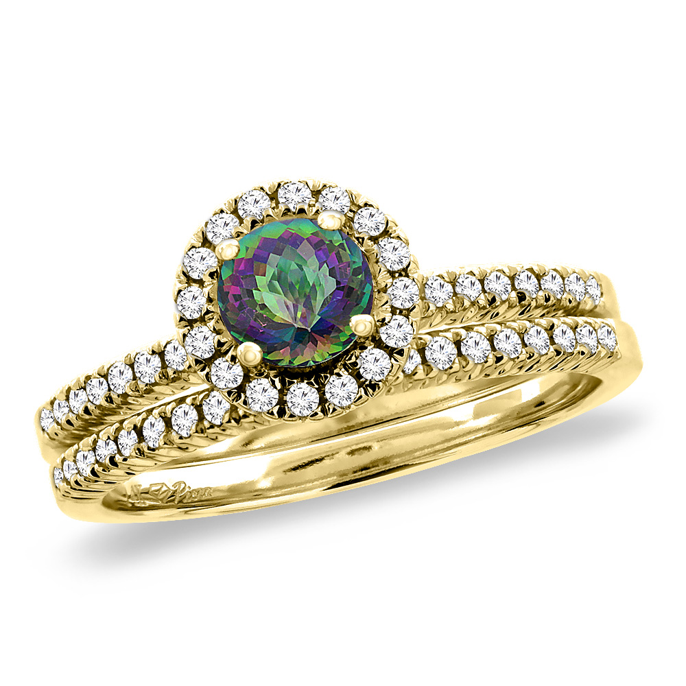 14K Yellow Gold Diamond Natural Mystic Topaz 2pc Halo Engagement Ring Set Round 4 mm, size5-10