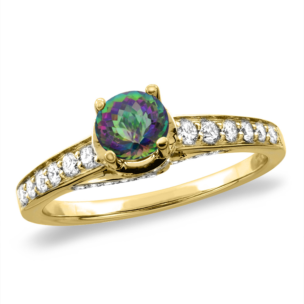 14K White/Yellow Gold Diamond Natural Mystic Topaz Engagement Ring Round 4 mm, sizes 5 -10