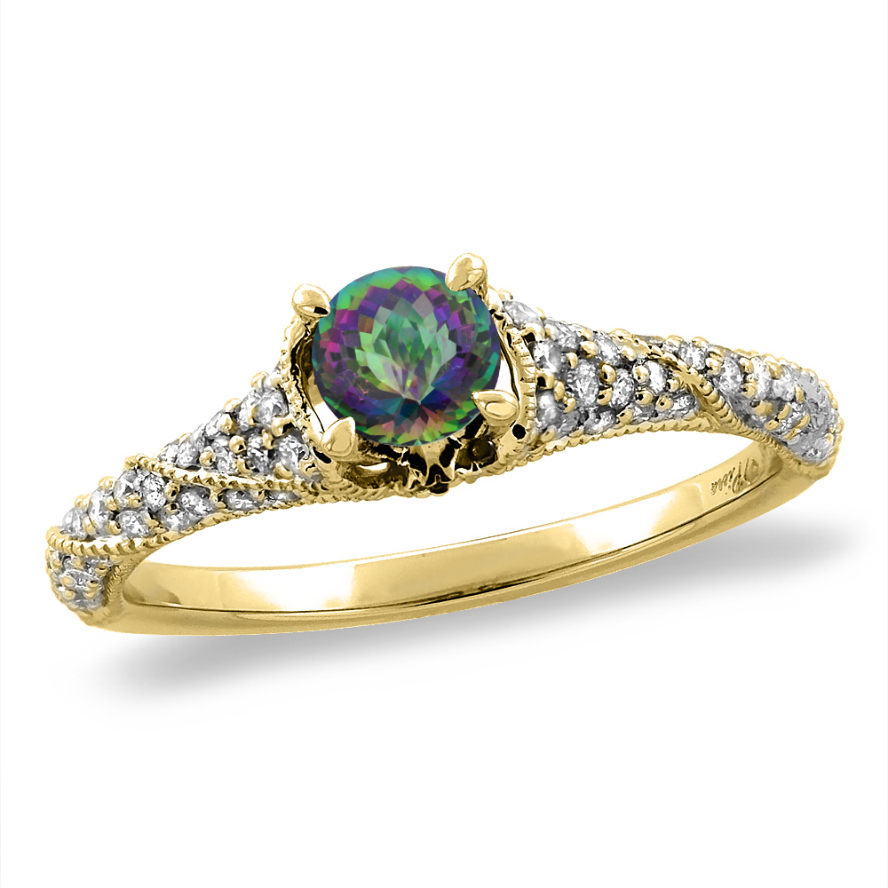 14K Yellow Gold Diamond Natural Mystic Topaz Engagement Ring Round 4 mm, sizes 5 -10