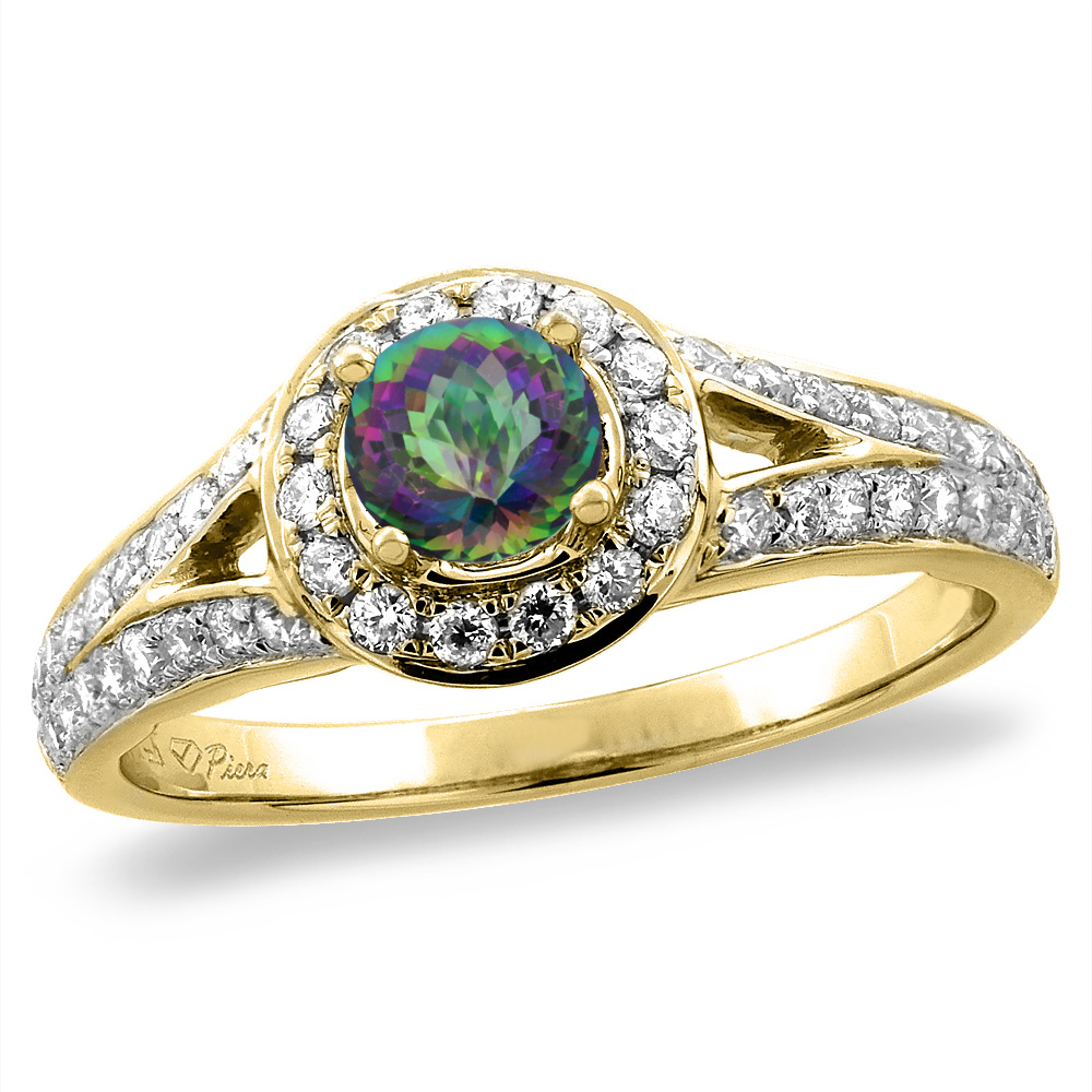 14K White/Yellow Gold Diamond Natural Mystic Topaz Halo Engagement Ring Round 4 mm, sizes 5 -10