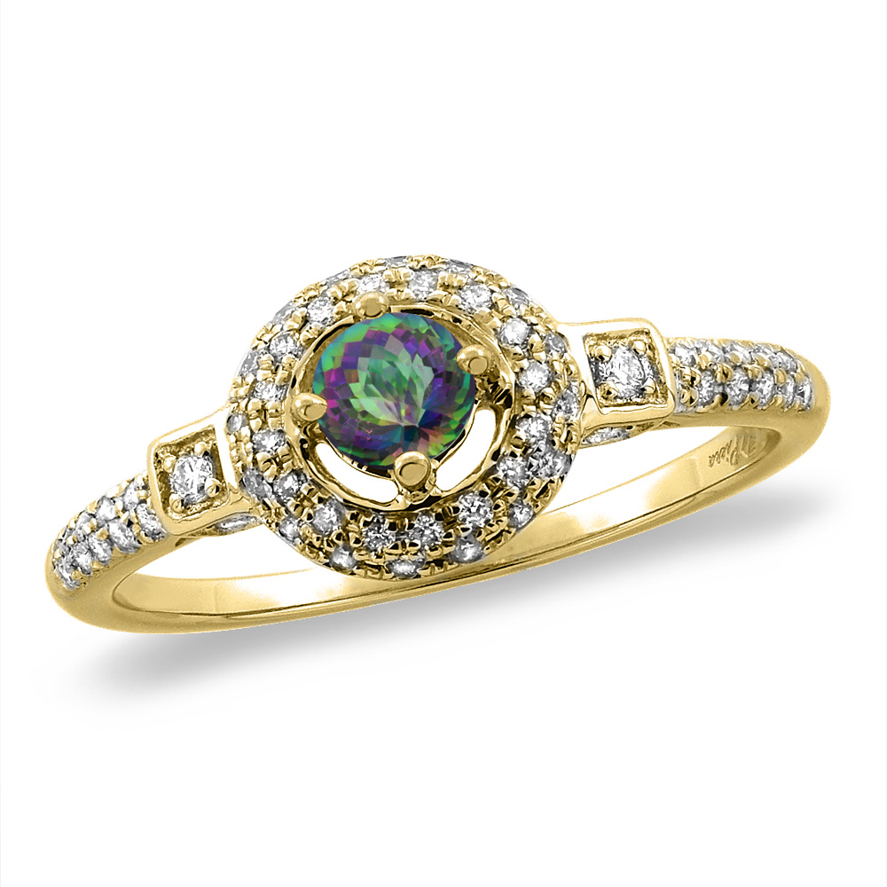 14K White/Yellow Gold Diamond Natural Mystic Topaz Halo Engagement Ring Round 4 mm, sizes 5 -10