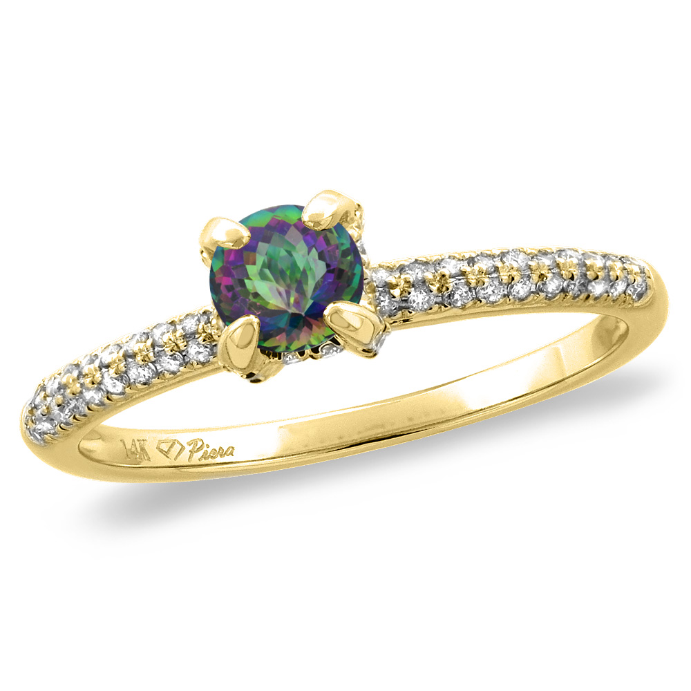 14K White/Yellow Gold Diamond Natural Mystic Topaz Solitaire Engagement Ring Round 4 mm, sizes 5 -10