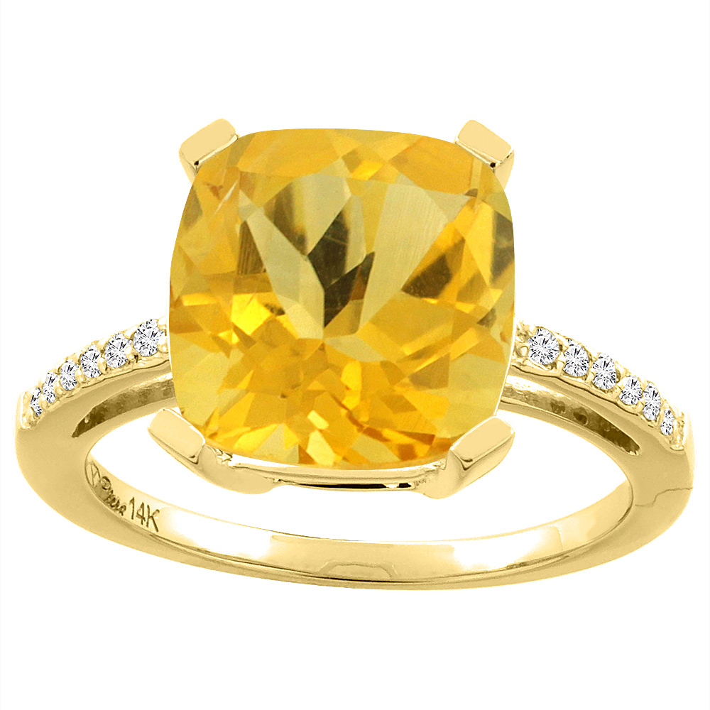 14K Yellow Gold Natural Citrine & Diamond Ring Cushion-cut 12x10 mm, sizes 5-10