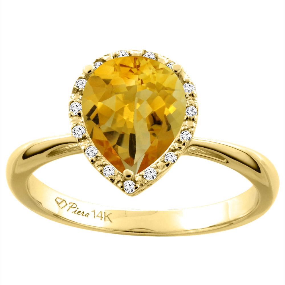 14K Yellow Gold Natural Citrine & Diamond Halo Engagement Ring Pear Shape 9x7 mm, sizes 5-10