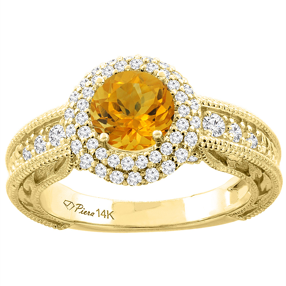 14K Yellow Gold Natural Citrine & Diamond Halo Ring Round 6 mm, sizes 5-10